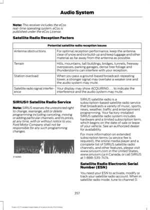 Page 360Note:
This receiver includes the eCos
real-time operating system. eCos is
published under the eCos License.
Satellite Radio Reception Factors Potential satellite radio reception issues
For optimal reception performance, keep the antenna
clear of snow and ice build-up and keep luggage and other
material as far away from the antenna as possible.
Antenna obstructions
Hills, mountains, tall buildings, bridges, tunnels, freeway
overpasses, parking garages, dense tree foliage and
thunderstorms can interfere...