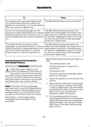 Page 39Then...
If...
The Belt-Minder feature will not activate.
You and the front seat passenger buckle
your safety belts before you switch the
ignition on or less than 1– 2 minutes elapse
after you switch the ignition on...
The Belt-Minder feature activates, the
safety belt warning light illuminates and a
warning tone sounds for 6 seconds every
25 seconds, repeating for about 5 minutes
or until you and the front seat passenger
buckle your safety belts.
You or the front seat passenger do not
buckle your safety...