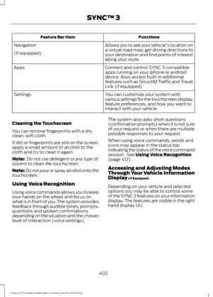 Page 405Functions
Feature Bar Item
Allows you to see your vehicle's location on
a virtual road map, get driving directions to
your destination and find points of interest
along your route.
Navigation
(If equipped)
Connect and control SYNC 3 compatible
apps running on your iphone or android
device. Also, access built-in additional
features such as SiriusXM Traffic and Travel
Link (if equipped).
Apps
You can customize your system with
various settings for the touchscreen display,
feature preferences, and how...