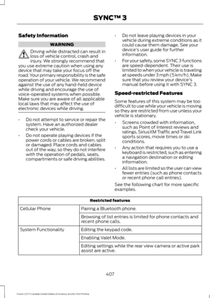 Page 410Safety Information
WARNING
Driving while distracted can result in
loss of vehicle control, crash and
injury. We strongly recommend that
you use extreme caution when using any
device that may take your focus off the
road. Your primary responsibility is the safe
operation of your vehicle. We recommend
against the use of any hand-held device
while driving and encourage the use of
voice-operated systems when possible.
Make sure you are aware of all applicable
local laws that may affect the use of
electronic...