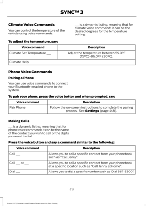 Page 417Climate Voice Commands
You can control the temperature of the
vehicle using voice commands.
___ is a dynamic listing, meaning that for
climate voice commands it can be the
desired degrees for the temperature
setting.
To adjust the temperature, say: Description
Voice command
Adjust the temperature between 59.0°F
(15°C)-86.0°F (30°C).
Climate Set Temperature ___
Climate Help
Phone Voice Commands
Pairing a Phone
You can use voice commands to connect
your Bluetooth-enabled phone to the
system.
To pair your...