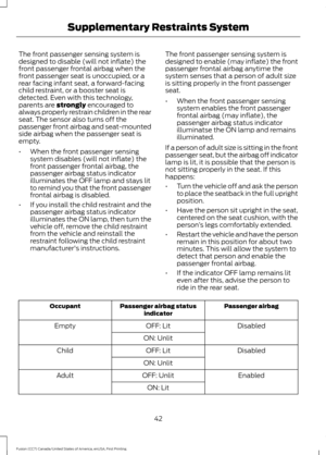 Page 45The front passenger sensing system is
designed to disable (will not inflate) the
front passenger frontal airbag when the
front passenger seat is unoccupied, or a
rear facing infant seat, a forward-facing
child restraint, or a booster seat is
detected. Even with this technology,
parents are strongly encouraged to
always properly restrain children in the rear
seat. The sensor also turns off the
passenger front airbag and seat-mounted
side airbag when the passenger seat is
empty.
• When the front passenger...