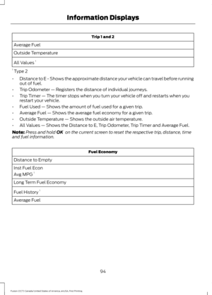 Page 97Trip 1 and 2
Average Fuel
Outside Temperature
All Values  1
1  Type 2
• Distance to E - Shows the approximate distance your vehicle can travel before running
out of fuel.
• Trip Odometer — Registers the distance of individual journeys.
• Trip Timer — The timer stops when you turn your vehicle off and restarts when you
restart your vehicle.
• Fuel Used — Shows the amount of fuel used for a given trip.
• Average Fuel — Shows the average fuel economy for a given trip.
• Outside Temperature — Shows the...