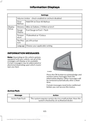 Page 108Settings
Volume Limiter - check enabled or uncheck disabled Hold OK to Clear All MyKeys
Clear
MyKeys
Miles & Gallons, l/100km or km/l
Distance
Display
Setup
Fuel Gauge or Fuel + Tach
Gauge
Display
°Fahrenheit or °Celsius
Temper-
ature
psi, kPa or bar
Tire Pres-
sure
Choose your applicable setting
Language
INFORMATION MESSAGES
Note: Depending on the vehicle options
equipped with your vehicle, not all of the
messages will display or be available.
Certain messages may be abbreviated or
shortened depending...