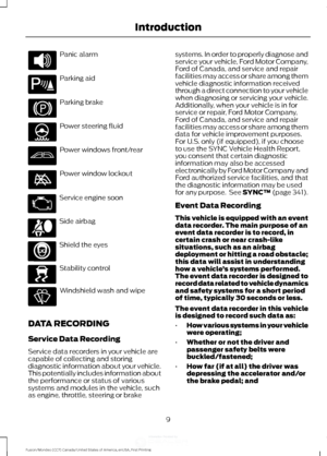 Page 12Panic alarm
Parking aid
Parking brake
Power steering fluid
Power windows front/rear
Power window lockout
Service engine soon
Side airbag
Shield the eyes
Stability control
Windshield wash and wipe
DATA RECORDING
Service Data Recording
Service data recorders in your vehicle are
capable of collecting and storing
diagnostic information about your vehicle.
This potentially includes information about
the performance or status of various
systems and modules in the vehicle, such
as engine, throttle, steering or...