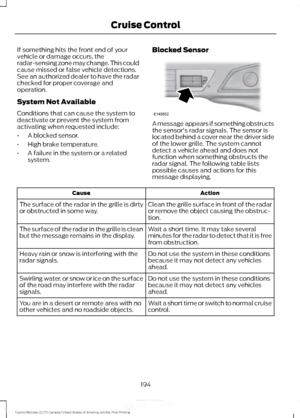 Page 197If something hits the front end of your
vehicle or damage occurs, the
radar-sensing zone may change. This could
cause missed or false vehicle detections.
See an authorized dealer to have the radar
checked for proper coverage and
operation.
System Not Available
Conditions that can cause the system to
deactivate or prevent the system from
activating when requested include:
•
A blocked sensor.
• High brake temperature.
• A failure in the system or a related
system. Blocked Sensor A message appears if...