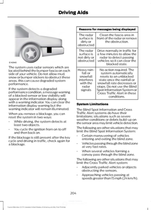 Page 207The system uses radar sensors which are
located behind the bumper fascia on each
side of your vehicle. Do not allow mud,
snow or bumper stickers to obstruct these
areas, this can cause degraded system
performance.
If the system detects a degraded
performance condition, a message warning
of a blocked sensor or low visibility will
appear in the information display along
with a warning indicator. You can clear the
information display warning but the
warning indicator will remain illuminated.
When you remove...