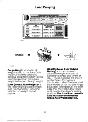 Page 214Cargo Weight - includes all
weight added to the Base Curb
Weight, including cargo and
optional equipment. When towing,
trailer tongue load or king pin
weight is also part of cargo weight.
GAW (Gross Axle Weight) -
 is
the total weight placed on each
axle (front and rear) including
vehicle curb weight and all
payload. GAWR (Gross Axle Weight
Rating) - 
 is the maximum
allowable weight that can be
carried by a single axle (front or
rear). These numbers are shown
on the Safety Compliance
Certification...