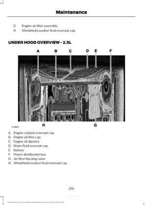 Page 253Engine air filter assembly
G
Windshield washer fluid reservoir cap
H
UNDER HOOD OVERVIEW - 2.5L A. Engine coolant reservoir cap
B. Engine oil filler cap
C. Engine oil dipstick
D. Brake fluid reservoir cap
E. Battery
F. Power distribution box
G. Air filter housing cover
H.
Windshield washer fluid reservoir cap
250
Fusion/Mondeo (CC7) Canada/United States of America, enUSA, First Printing MaintenanceE169801 
,QIRUPDWLRQ3URYLGHGE\  