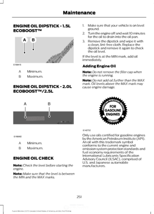 Page 254ENGINE OIL DIPSTICK - 1.5L
ECOBOOST™
Minimum.
A
Maximum.
B
ENGINE OIL DIPSTICK - 2.0L
ECOBOOST™/2.5L Minimum.
A
Maximum.
B
ENGINE OIL CHECK
Note: Check the level before starting the
engine.
Note: Make sure that the level is between
the MIN and the MAX marks. 1. Make sure that your vehicle is on level
ground.
2. Turn the engine off and wait 10 minutes
for the oil to drain into the oil pan.
3. Remove the dipstick and wipe it with a clean, lint-free cloth. Replace the
dipstick and remove it again to check...