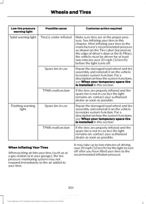 Page 307Customer action required
Possible cause
Low tire pressure
warning light
Make sure tires are at the proper pres-
sure. See Inflating your tires in this
chapter. After inflating your tires to the
manufacturer’s recommended pressure
as shown on the Tire Label (located on
the edge of driver ’s door or the B-Pillar),
the vehicle must be driven for at least
two minutes over 20 mph (32 km/h)
before the light turns off.
Tire(s) under-inflated
Solid warning light
Repair the damaged road wheel and tire
assembly...