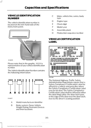 Page 318VEHICLE IDENTIFICATION
NUMBER
The vehicle identification number is
located on the left-hand side of the
instrument panel.
Please note that in the graphic, XXXX is
representative of your vehicle identification
number.
The Vehicle Identification Number contains
the following information:
World manufacturer identifier
A
Brake system, Gross Vehicle
Weight Rating, Restraint Devices
and their locations
B Make, vehicle line, series, body
type
C
Engine type
D
Check digit
E
Model year
F
Assembly plant
G...