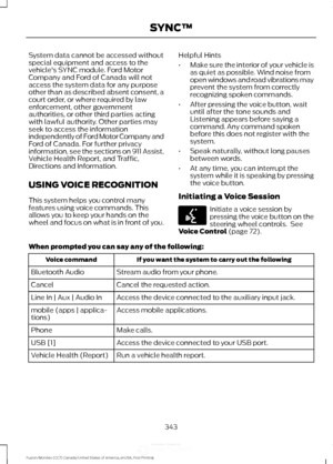 Page 346System data cannot be accessed without
special equipment and access to the
vehicle's SYNC module. Ford Motor
Company and Ford of Canada will not
access the system data for any purpose
other than as described absent consent, a
court order, or where required by law
enforcement, other government
authorities, or other third parties acting
with lawful authority. Other parties may
seek to access the information
independently of Ford Motor Company and
Ford of Canada. For further privacy
information, see the...