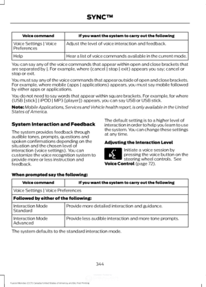 Page 347If you want the system to carry out the following
Voice command
Adjust the level of voice interaction and feedback.
Voice Settings | Voice
Preferences
Hear a list of voice commands available in the current mode.
Help
You can say any of the voice commands that appear within open and close brackets that
are separated by |. For example, where (cancel | stop | exit) appears you say; cancel or
stop or exit.
You must say any of the voice commands that appear outside of open and close brackets.
For example,...