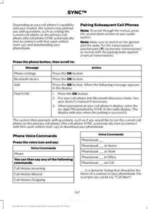 Page 350Depending on your cell phone's capability
and your market, the system may prompt
you with questions, such as setting the
current cell phone as the primary cell
phone (the cell phone SYNC automatically
tries to connect with first upon vehicle
start-up) and downloading your
phonebook.
Pairing Subsequent Cell Phones
Note:
To scroll through the menus, press
the up and down arrows on your audio
system.
Note: Make sure to switch on the ignition
and the radio. Put the transmission in
position park (P)...