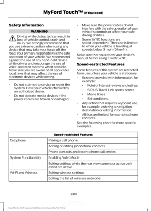 Page 393Safety Information
WARNING
Driving while distracted can result in
loss of vehicle control, crash and
injury. We strongly recommend that
you use extreme caution when using any
device that may take your focus off the
road. Your primary responsibility is the safe
operation of your vehicle. We recommend
against the use of any hand-held device
while driving and encourage the use of
voice-operated systems when possible.
Make sure you are aware of all applicable
local laws that may affect the use of
electronic...