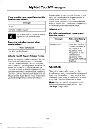 Page 444If you want to run a report by using the
touchscreen, select:
Message
Apps
Vehicle Health Report You can also run a vehicle health
report by voice command.
Press the voice button and when
prompted say: Voice command
Vehicle Health Report
Vehicle Health Report Privacy Notice
When you create a Vehicle Health Report,
Ford Motor Company may collect your
cellular phone number (to process your
report request) and diagnostic information
about your vehicle. Certain versions or
updates to Vehicle Health Report...