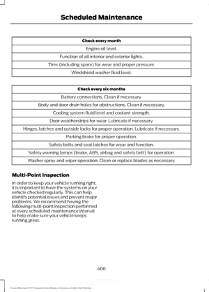 Page 469Check every month
Engine oil level.
Function of all interior and exterior lights.
Tires (including spare) for wear and proper pressure. Windshield washer fluid level. Check every six months
Battery connections. Clean if necessary.
Body and door drain holes for obstructions. Clean if necessary. Cooling system fluid level and coolant strength.
Door weatherstrips for wear. Lubricate if necessary.
Hinges, latches and outside locks for proper operation. Lubricate if necessary. Parking brake for proper...