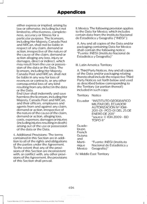 Page 497either express or implied, arising by
law or otherwise, including but not
limited to, effectiveness, complete-
ness, accuracy or fitness for a
particular purpose. The licensors,
including Her Majesty, Canada Post
and NRCan, shall not be liable in
respect of any claim, demand or
action, irrespective of the nature of
the cause of the claim, demand or
action alleging any loss, injury or
damages, direct or indirect, which
may result from the use or posses-
sion of the data or the Data. The
licensors,...