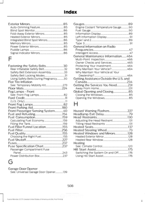 Page 511Exterior Mirrors................................................85
Auto-Dimming Feature...................................... 85
Blind Spot Monitor.............................................. 86
Fold-Away Exterior Mirrors............................... 85
Heated Exterior Mirrors...................................... 85
Integrated Blind Spot Mirrors.......................... 86
Memory Mirrors..................................................... 85
Power Exterior...