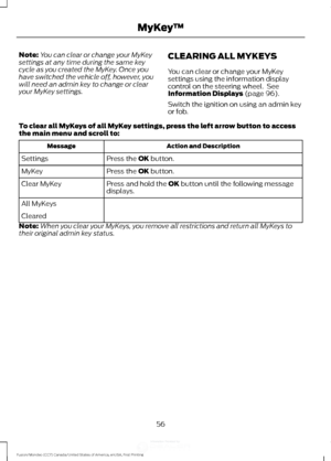 Page 59Note:
You can clear or change your MyKey
settings at any time during the same key
cycle as you created the MyKey. Once you
have switched the vehicle off, however, you
will need an admin key to change or clear
your MyKey settings. CLEARING ALL MYKEYS
You can clear or change your MyKey
settings using the information display
control on the steering wheel.  See
Information Displays (page 96).
Switch the ignition on using an admin key
or fob.
To clear all MyKeys of all MyKey settings, press the left arrow...