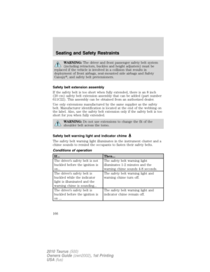 Page 166WARNING:The driver and front passenger safety belt system
(including retractors, buckles and height adjusters) must be
replaced if the vehicle is involved in a collision that results in
deployment of front airbags, seat-mounted side airbags and Safety
Canopy, and safety belt pretensioners.
Safety belt extension assembly
If the safety belt is too short when fully extended, there is an 8 inch
(20 cm) safety belt extension assembly that can be added (part number
611C22). This assembly can be obtained from...