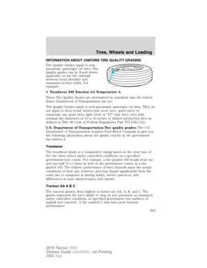 Page 203INFORMATION ABOUT UNIFORM TIRE QUALITY GRADING
Tire Quality Grades apply to new
pneumatic passenger car tires. The
Quality grades can be found where
applicable on the tire sidewall
between tread shoulder and
maximum section width. For
example:
•Treadwear 200 Traction AA Temperature A
These Tire Quality Grades are determined by standards that the United
States Department of Transportation has set.
Tire Quality Grades apply to new pneumatic passenger car tires. They do
not apply to deep tread, winter-type...