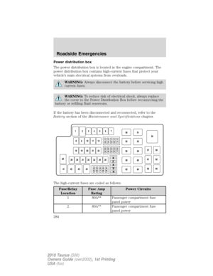 Page 284Power distribution box
The power distribution box is located in the engine compartment. The
power distribution box contains high-current fuses that protect your
vehicle’s main electrical systems from overloads.
WARNING:Always disconnect the battery before servicing high
current fuses.
WARNING:To reduce risk of electrical shock, always replace
the cover to the Power Distribution Box before reconnecting the
battery or refilling fluid reservoirs.
If the battery has been disconnected and reconnected, refer...