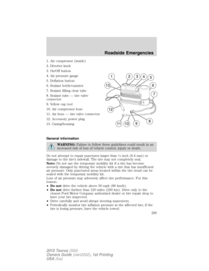 Page 2951. Air compressor (inside)
2. Diverter knob
3. On/Off button
4. Air pressure gauge
5. Deflation button
6. Sealant bottle/canister
7. Sealant filling clear tube
8. Sealant tube — tire valve
connector
9. Yellow cap tool
10. Air compressor hose
11. Air hose — tire valve connector
12. Accessory power plug
13. Casing/housing
General information
WARNING:Failure to follow these guidelines could result in an
increased risk of loss of vehicle control, injury or death.
Do not attempt to repair punctures larger...