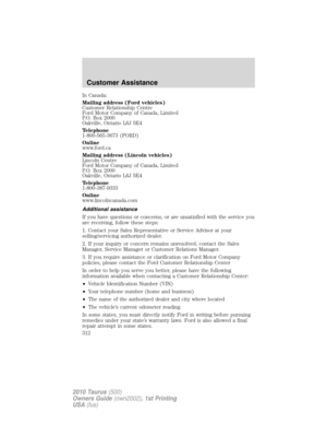 Page 312In Canada:
Mailing address (Ford vehicles)
Customer Relationship Centre
Ford Motor Company of Canada, Limited
P.O. Box 2000
Oakville, Ontario L6J 5E4
Telephone
1-800-565-3673 (FORD)
Online
www.ford.ca
Mailing address (Lincoln vehicles)
Lincoln Centre
Ford Motor Company of Canada, Limited
P.O. Box 2000
Oakville, Ontario L6J 5E4
Telephone
1-800-387-9333
Online
www.lincolncanada.com
Additional assistance
If you have questions or concerns, or are unsatisfied with the service you
are receiving, follow these...