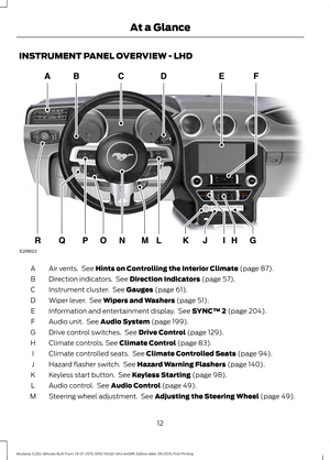 Page 16INSTRUMENT PANEL OVERVIEW - LHD
Air vents.  See Hints on Controlling the Interior Climate (page 87).
A
Direction indicators.  See 
Direction Indicators (page 57).
B
Instrument cluster.  See 
Gauges (page 61).
C
Wiper lever.  See 
Wipers and Washers (page 51).
D
Information and entertainment display.  See 
SYNC™ 2 (page 204).
E
Audio unit.  See 
Audio System (page 199).
F
Drive control switches.  See 
Drive Control (page 129).
G
Climate controls.
 See Climate Control (page 83).
H
Climate controlled seats....