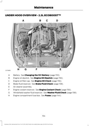 Page 158UNDER HOOD OVERVIEW - 2.3L ECOBOOST™
Battery.  See Changing the 12V Battery (page 159).
A
Engine oil dipstick.  See 
Engine Oil Dipstick (page 156).
B
Engine oil filler cap.  See 
Engine Oil Check (page 156).
C
Brake fluid reservoir.  See 
Brake Fluid Check (page 158).
D
Air cleaner assembly.
E
Engine coolant reservoir.  See 
Engine Coolant Check (page 156).
F
Windshield washer fluid reservoir.  See 
Washer Fluid Check (page 158).
G
Engine compartment fuse box.  See 
Fuses (page 144).
H
154
Mustang (CZG)...