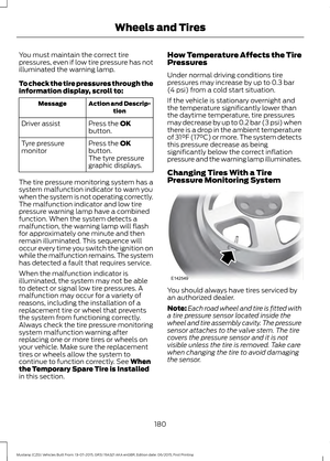 Page 184You must maintain the correct tire
pressures, even if low tire pressure has not
illuminated the warning lamp.
To check the tire pressures through the
information display, scroll to:
Action and Descrip-
tion
Message
Press the OK
button.
Driver assist
Press the 
OK
button.
Tyre pressure
monitor
The tyre pressure
graphic displays.
The tire pressure monitoring system has a
system malfunction indicator to warn you
when the system is not operating correctly.
The malfunction indicator and low tire
pressure...