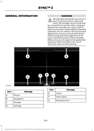 Page 208GENERAL INFORMATION WARNING
Driving while distracted can result in
loss of vehicle control, crash and
injury. We strongly recommend that
you use extreme caution when using any
device that may take your focus off the
road. Your primary responsibility is the safe
operation of your vehicle. We recommend
against the use of any hand-held device
while driving and encourage the use of
voice-operated systems when possible.
Make sure you are aware of all applicable
local laws that may affect the use of
electronic...