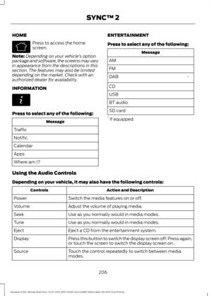 Page 210HOME
Press to access the home
screen.
Note: Depending on your vehicle ’s option
package and software, the screens may vary
in appearance from the descriptions in this
section. The features may also be limited
depending on the market. Check with an
authorized dealer for availability.
INFORMATION Press to select any of the following:
Message
Traffic
Notific.
Calendar
Apps
Where am I? ENTERTAINMENT
Press to select any of the following: Message
AM
FM *
DAB
CD
USB
BT audio
SD card
*  If equipped.
Using the...