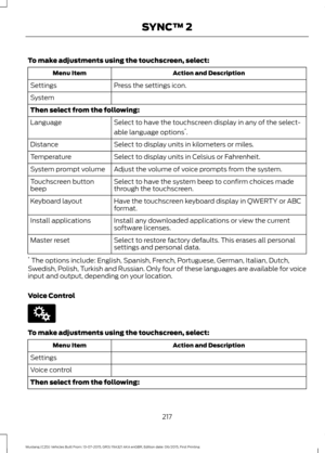 Page 221To make adjustments using the touchscreen, select:
Action and Description
Menu Item
Press the settings icon.
Settings
System
Then select from the following:
Select to have the touchscreen display in any of the select-
able language options*
.
Language
Select to display units in kilometers or miles.
Distance
Select to display units in Celsius or Fahrenheit.
Temperature
Adjust the volume of voice prompts from the system.
System prompt volume
Select to have the system beep to confirm choices made
through...