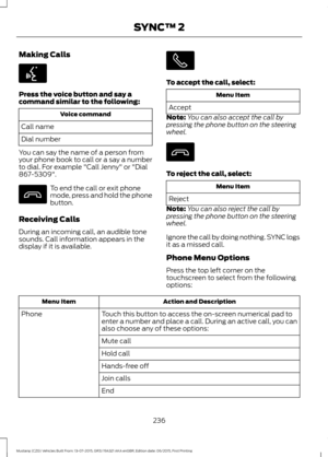 Page 240Making Calls
Press the voice button and say a
command similar to the following:
Voice command
Call name
Dial number
You can say the name of a person from
your phone book to call or a say a number
to dial. For example "Call Jenny" or "Dial
867-5309". To end the call or exit phone
mode, press and hold the phone
button.
Receiving Calls
During an incoming call, an audible tone
sounds. Call information appears in the
display if it is available. To accept the call, select:
Menu Item
Accept...