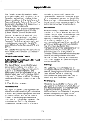 Page 282The Data for areas of Canada includes
information taken with permission from
Canadian authorities, including: © Her
Majesty the Queen in Right of Canada, ©
Queen's Printer for Ontario, © Canada Post
Corporation, GeoBase®, © Department of
Natural Resources Canada.
HERE holds a non-exclusive license from
the United States Postal Service® to
publish and sell ZIP+4® information.
©United States Postal Service® 2014.
Prices are not established, controlled or
approved by the United States Postal
Service®....