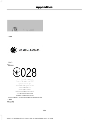 Page 295Taiwan
Ukraine
291
Mustang (CZG) Vehicles Built From: 13-07-2015, GR3J 19A321 AKA enGBR, Edition date: 06/2015, First Printing AppendicesE203899 E203679 E198009  