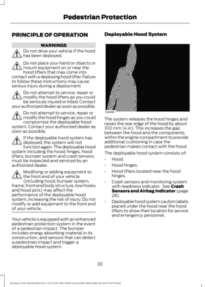 Page 34PRINCIPLE OF OPERATION
WARNINGS
Do not drive your vehicle if the hood
has been deployed.
Do not place your hand or objects or
mount equipment on or near the
hood lifters that may come into
contact with a deploying hood lifter. Failure
to follow these instructions may cause
serious injury during a deployment. Do not attempt to service, repair or
modify the hood lifters as you could
be seriously injured or killed. Contact
your authorized dealer as soon as possible. Do not attempt to service, repair or...