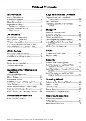 Page 5Introduction
About This Manual...........................................5
Symbols Glossary.............................................5
Data Recording..................................................7
Replacement Parts Recommendation........................................8
Mobile Communications Equipment......................................................8
At a Glance
Front Exterior Overview..................................9
Rear Exterior Overview.................................10
Vehicle...