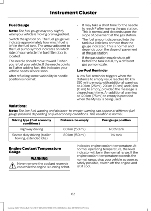 Page 66Fuel Gauge
Note:
The fuel gauge may vary slightly
when your vehicle is moving or on a gradient.
Switch the ignition on. The fuel gauge will
indicate approximately how much fuel is
left in the fuel tank. The arrow adjacent to
the fuel pump symbol indicates on which
side of your vehicle the fuel filler door is
located.
The needle should move toward F when
you refuel your vehicle. If the needle points
to E after adding fuel, this indicates your
vehicle needs service soon.
After refueling some variability in...