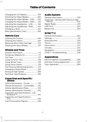 Page 8Changing the 12V Battery..........................159
Checking the Wiper Blades......................160
Changing the Wiper Blades - LHD.........160
Changing the Wiper Blades - RHD ..........
161
Adjusting the Headlamps - LHD.............162
Adjusting the Headlamps - RHD
............163
Changing a Bulb
...........................................164
Bulb Specification Chart...........................168
Vehicle Care
Cleaning the Exterior
...................................169
Cleaning the...