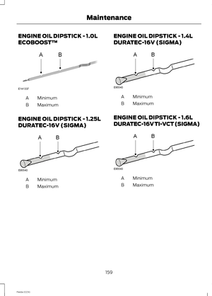 Page 161ENGINE OIL DIPSTICK - 1.0L
ECOBOOST™
MinimumA
MaximumB
ENGINE OIL DIPSTICK - 1.25L
DURATEC-16V (SIGMA)
MinimumA
MaximumB
ENGINE OIL DIPSTICK - 1.4L
DURATEC-16V (SIGMA)
MinimumA
MaximumB
ENGINE OIL DIPSTICK - 1.6L
DURATEC-16V TI-VCT (SIGMA)
MinimumA
MaximumB
159Fiesta (CCN)Maintenance 