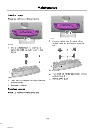 Page 171Interior Lamp
Note:Do not remove the lamp lens.
1.Use a suitable tool, for example ascrewdriver, to carefully remove thelamp.
2.Turn the bulb holder counterclockwiseand remove it.
3.Remove the bulb.
Reading Lamps
Note:Do not remove the lamp lens.
1.Use a suitable tool, for example ascrewdriver, to carefully remove thelamp.
2.Turn the bulb holder counterclockwiseand remove it.
3.Remove the bulb.
169Fiesta (CCN)Maintenance 