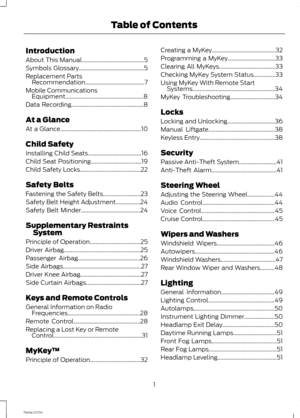 Page 3Introduction
About This Manual...........................................5
Symbols Glossary.............................................5
Replacement PartsRecommendation.........................................7
Mobile CommunicationsEquipment......................................................8
Data Recording..................................................8
At a Glance
At a Glance........................................................10
Child Safety
Installing Child...
