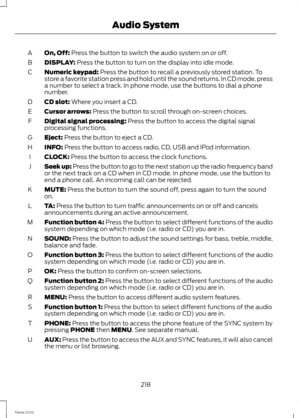 Page 220On, Off: Press the button to switch the audio system on or off.A
DISPLAY: Press the button to turn on the display into idle mode.B
Numeric keypad: Press the button to recall a previously stored station. Tostore a favorite station press and hold until the sound returns. In CD mode, pressa number to select a track. In phone mode, use the buttons to dial a phonenumber.
C
CD slot: Where you insert a CD.D
Cursor arrows: Press the button to scroll through on-screen choices.E
Digital signal processing: Press...