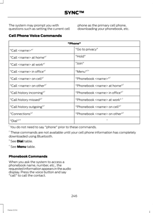 Page 248The system may prompt you withquestions such as setting the current cellphone as the primary cell phone,downloading your phonebook, etc.
Cell Phone Voice Commands
"Phone"
"Go to privacy""Call "1
"Hold""Call  at home"1
"Join""Call  at work"1
"Menu"2,4"Call  in office"1
"Phonebook "2"Call  on cell"1
"Phonebook  at home"2"Call  on other"1
"Phonebook  in office"2"Call history incoming"2...