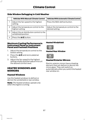 Page 89Side Window Defogging in Cold Weather
Vehicles With Automatic Climate ControlVehicles With Manual Climate Control
Press the MAX defrost button.Adjust the fan speed to the highestsetting.1
Adjust the temperature control to thedesired setting.Adjust the temperature control to thehighest setting.2
Adjust the air distribution control to thewindshield position.3
Press the A/C button.4
Maximum Cooling Performance inInstrument Panel or InstrumentPanel and Footwell Positions
1.Adjust the temperature control to...