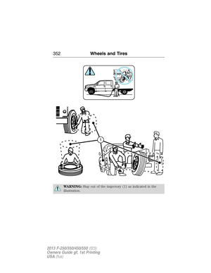 Page 353WARNING:Stay out of the trajectory (1) as indicated in the
illustration.
352Wheels and Tires
2013 F-250/350/450/550(f23)
Owners Guide gf, 1st Printing
USA(fus) 